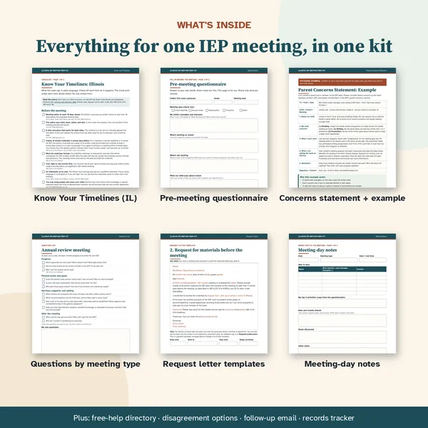 Illinois Edition page previews: Know Your Timelines for Illinois, the pre-meeting questionnaire, a Parent Concerns Statement example, questions by meeting type, request letter templates, and meeting-day notes.
