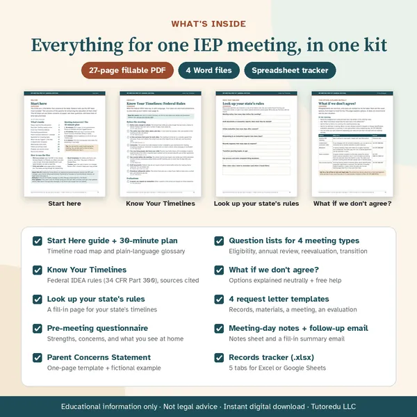 General Edition contents: a 27-page fillable PDF, 4 Word files, and a spreadsheet tracker. Four page previews: Start here, Know Your Timelines, Look up your state's rules, and What if we don't agree. A checklist of 10 kit parts.