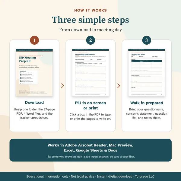 How it works in three steps: download, fill in on screen or print, and walk in prepared. Works in Adobe Acrobat Reader, Mac Preview, Excel, Google Sheets, and Google Docs. Tip: some web browsers don't save typed answers, so save a copy first.